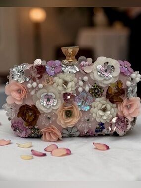 Bebe pink floral embellished clutch NWT REMOVABLE CHAIN 2 use as shoulder bag